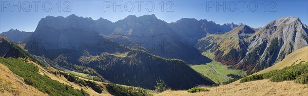 Panorama from the summit of Gramaijoch with Grosser Ahornboden and the Karwendel peaks of Sonnjoch