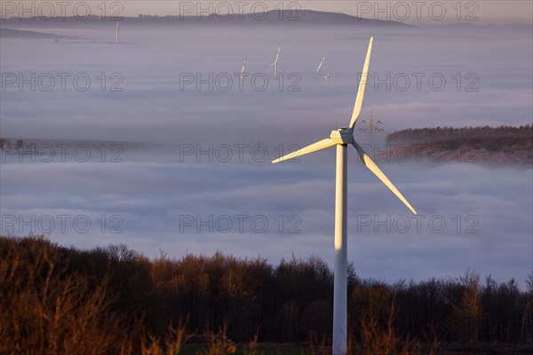 Wind turbine illuminated by the sun