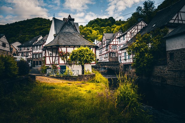 Historic town center with half-timbered houses on Elzbach and the ruins of the Lion Castle