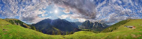 360 panorama from the Hasentalalm with view into the narrow valley to the Grosser Ahornboden and the Karwendel peaks of Sonnjoch