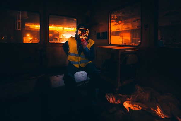 Man with Purge mask at the power plant