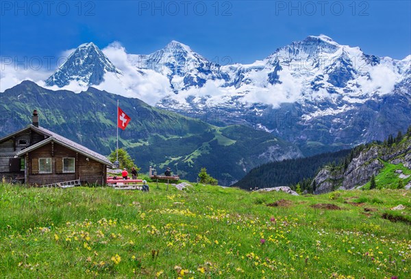 Lobhornhuette above Isenfluh with the Eiger triumvirate with the Eiger North Face