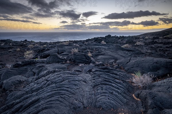 Typical volcanic landscape at La Restinga at sunset