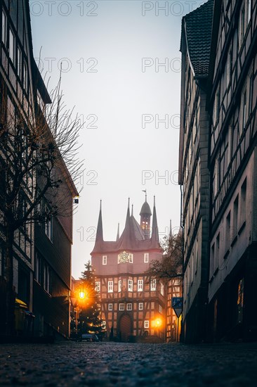 The historic ten-tower town hall of Frankenberg Eder in the morning