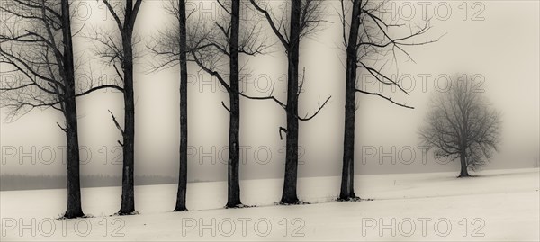 Trees in the fog in winter landscape