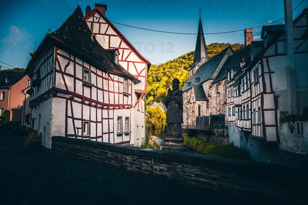 Historic town centre with half-timbered houses on the Elzbach and the ruins of the Loewenburg