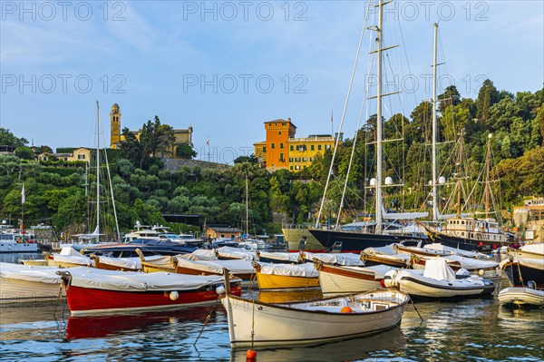 Boats and luxury yachts anchor in the harbour of Portofino
