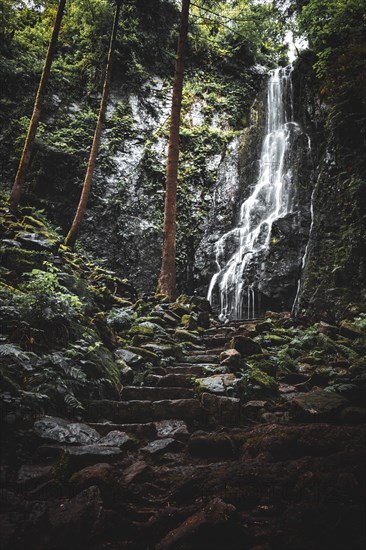 The Burgbach waterfall in the middle of the green forest. Waterfall in Schapbach