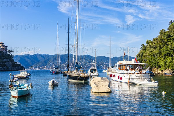 Boats and sailing yachts anchor in front of the harbour of Portofino