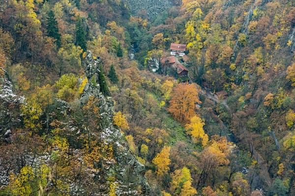 First snow on the autumnal slopes of the Bode Valley in the Harz Mountains