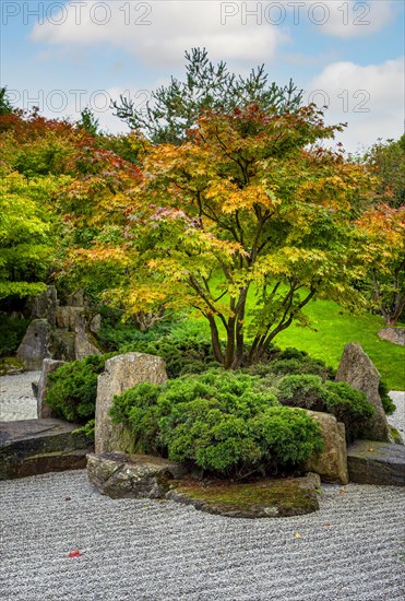 Japanese garden with gravel bed and stone formation