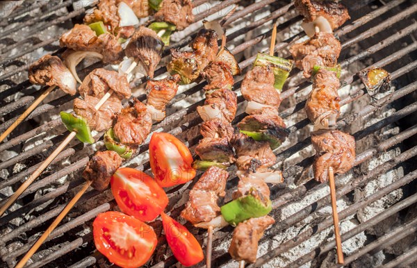 Roast beef skewers on a grill