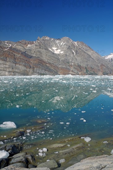 View of a fjord filled with drift ice