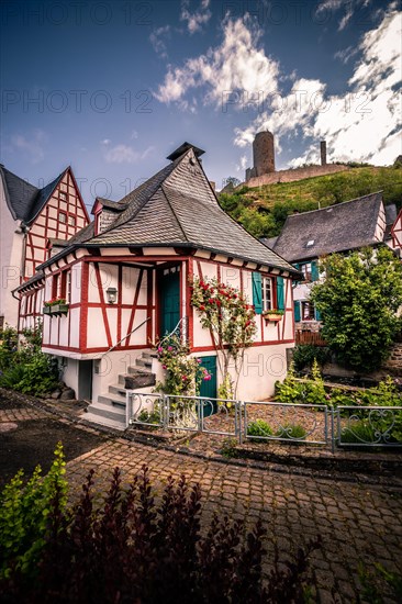 Historic town centre with half-timbered houses on the Elzbach and the ruins of the Loewenburg