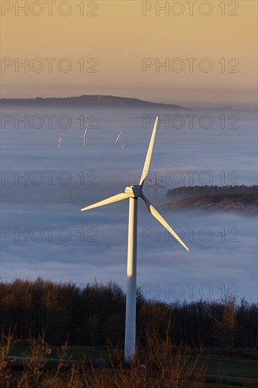 Wind turbine illuminated by the sun