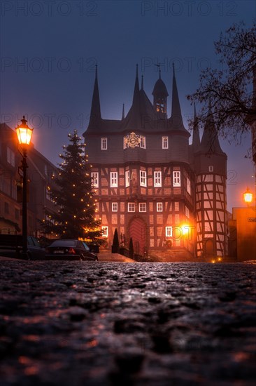 The historic ten-tower town hall of Frankenberg Eder in the morning