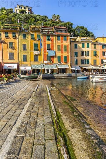 Pastel-coloured house facades at the harbour of Portofino