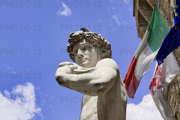 Statue David by Michelangelo in front of the Palazzo Vecchio on the Piazza della Signoria