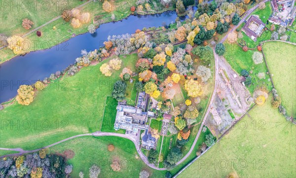 Top Down Panorama over Ugbrooke House and Gardens in the colors of fall over Devon