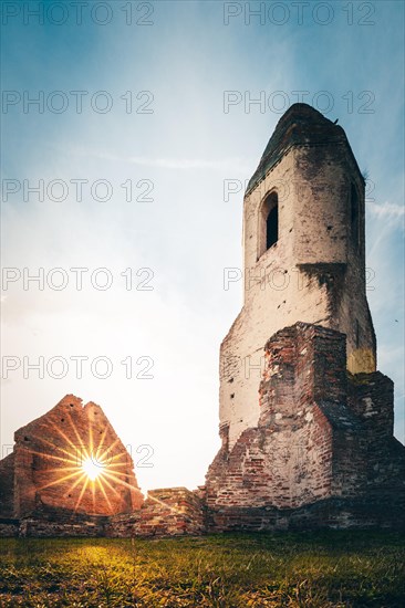 Ruin of a church in a cornfield. Old catholic church tower in the sunset