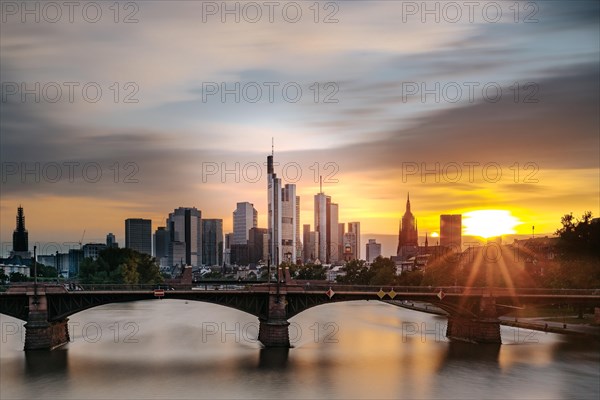 Skyline and banking district at sunset