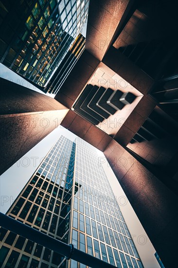 View upwards at the Japantower in the Frankfurt skyline