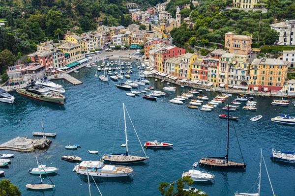 Portofino and the port of Portofino with its pastel-coloured house facades