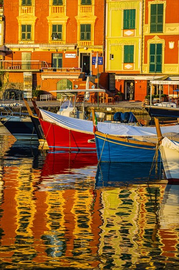 Pastel-coloured house facades are reflected in the harbour of Portofino