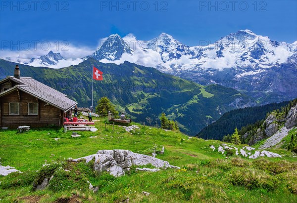 Lobhornhuette above Isenfluh with the Eiger triumvirate with the Eiger North Face