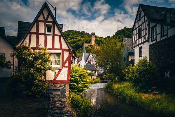 Historic town center with half-timbered houses on Elzbach and the ruins of the Lion Castle