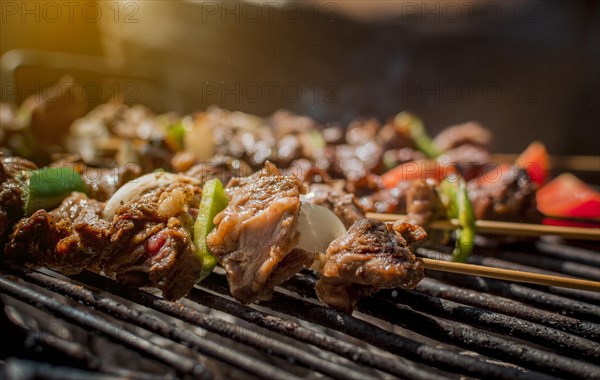 Roast beef skewers on a grill