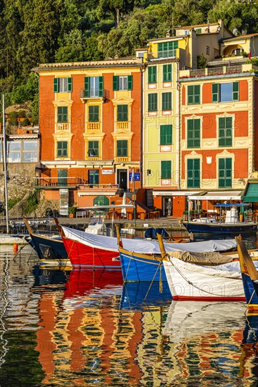 Boats anchor in Portofino harbour in front of pastel-coloured house facades