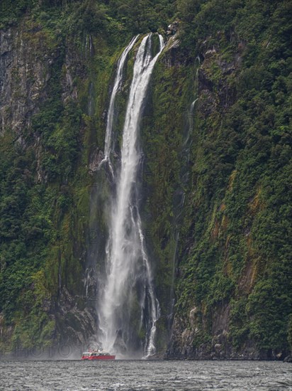 Excursion boat goes to a waterfall in Milford Sound