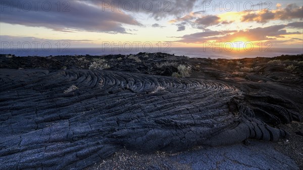 Typical volcanic landscape at La Restinga at sunset