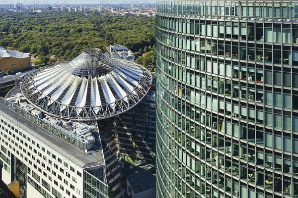 Elevated view of the Sony Center and German railway building