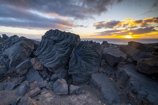 Typical volcanic landscape at La Restinga at sunset