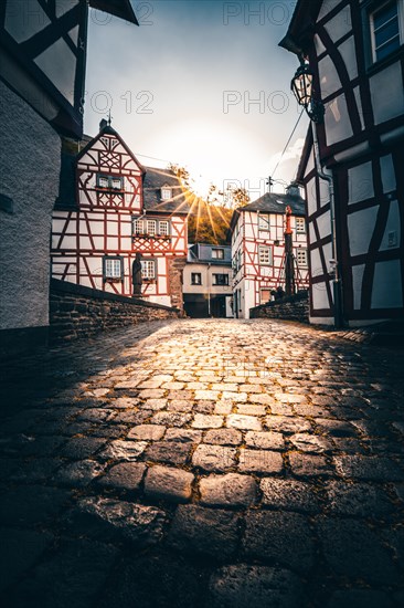 Historic town centre with half-timbered houses on the Elzbach and the ruins of the Loewenburg