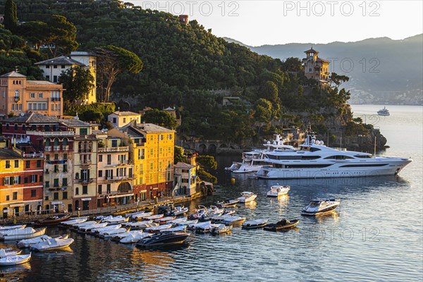 Luxury yachts and boats anchor in Portofino harbour in front of pastel-coloured house facades