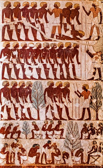 Soldiers in three rows with provision bags