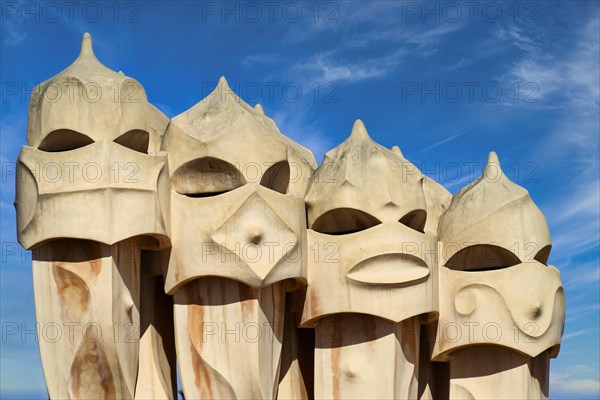 Sculptural ventilation shafts on the Casa Mila or La Pedrera by Antoni Gaudi