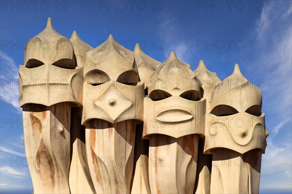 Sculptural ventilation shafts on the Casa Mila or La Pedrera by Antoni Gaudi