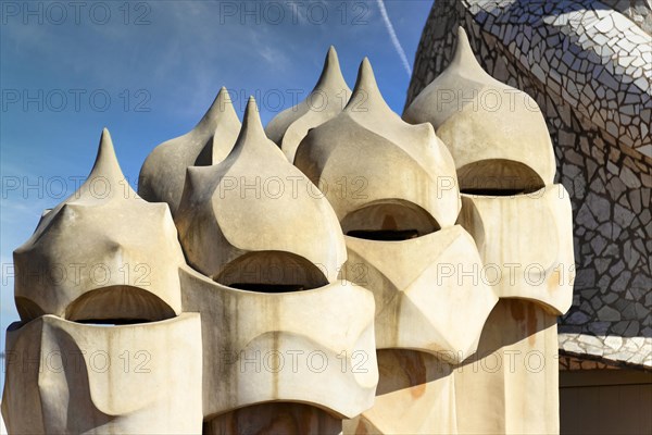 Sculptural ventilation shafts on the Casa Mila or La Pedrera by Antoni Gaudi