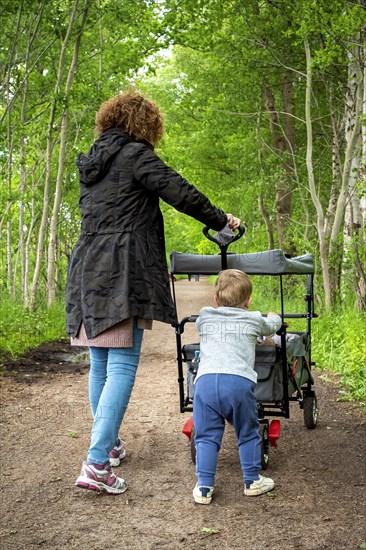 Woman with grandchild walking in the forest
