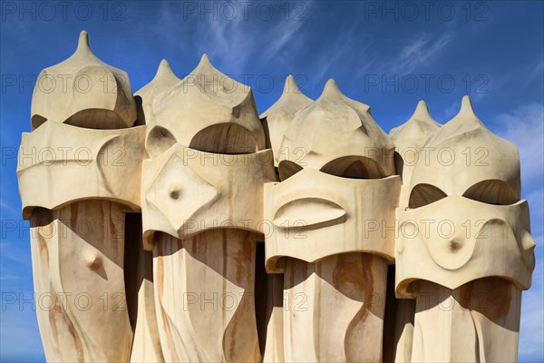 Sculptural ventilation shafts on the Casa Mila or La Pedrera by Antoni Gaudi