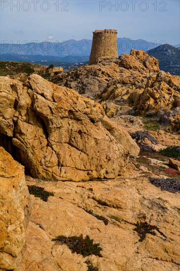 Genoese Tower in L'Ile-Rousse with the offshore island of La Pietra