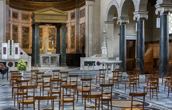 Rows of chairs and altar during the Corona Pandemic in the Friedenskirche in Potsdam