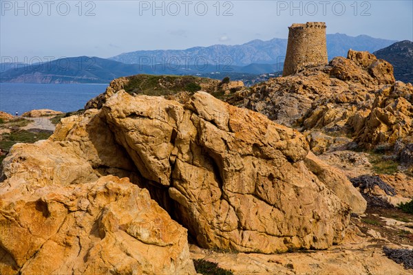 Genoese Tower in L'Ile-Rousse with the offshore island of La Pietra