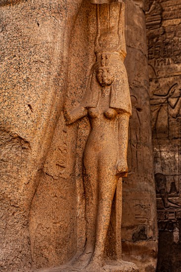 Figure of the Royal Wife Nefertari on the right leg of Ramses II. Luxor Temple