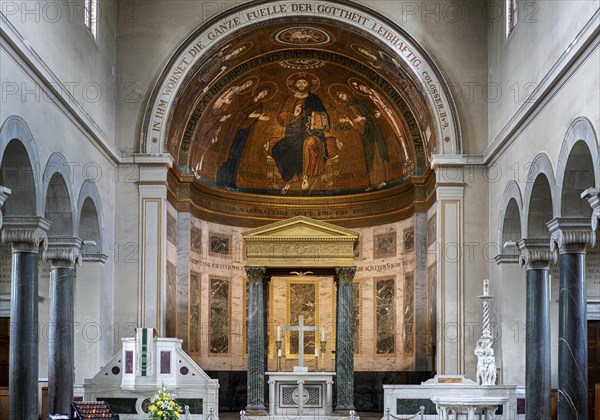 Rows of chairs and altar during the Corona Pandemic in the Friedenskirche in Potsdam