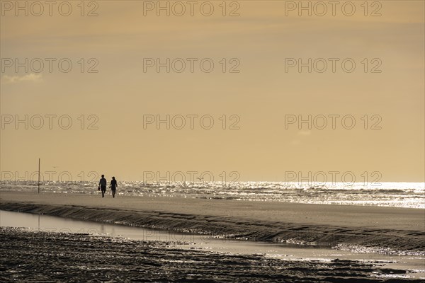 Walkers on the beach at low tide with tide pools